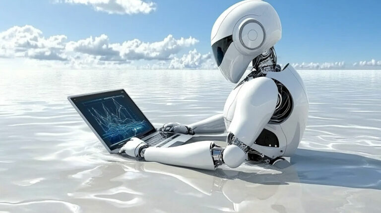 Robot dans un lac avec un ordinateur Trump Stargate IA